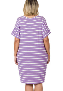 Picnic Vibes Stripe T-shirt Dress in Lavender{Curvy}