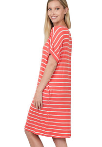 Picnic Vibes Stripe T-shirt Dress in Deep Coral