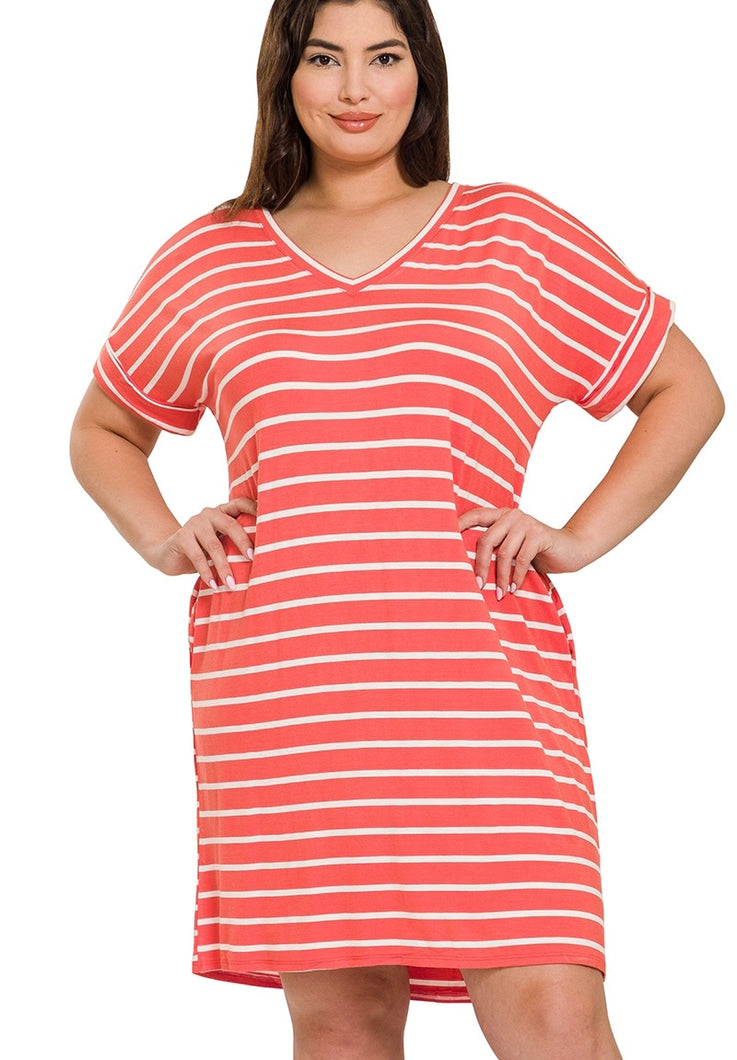 Picnic Vibes Stripe T-shirt Dress in Deep Coral {Curvy}
