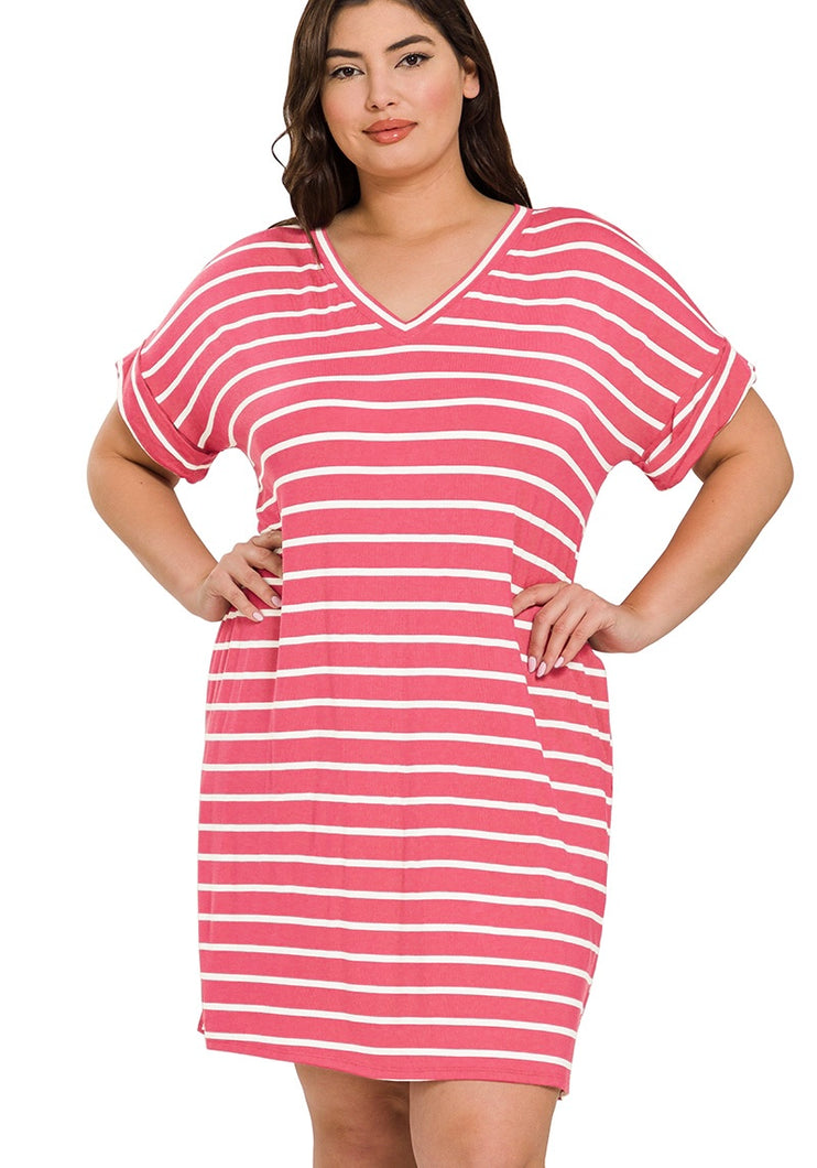 Picnic Vibes Stripe T-shirt Dress in Rose {Curvy}