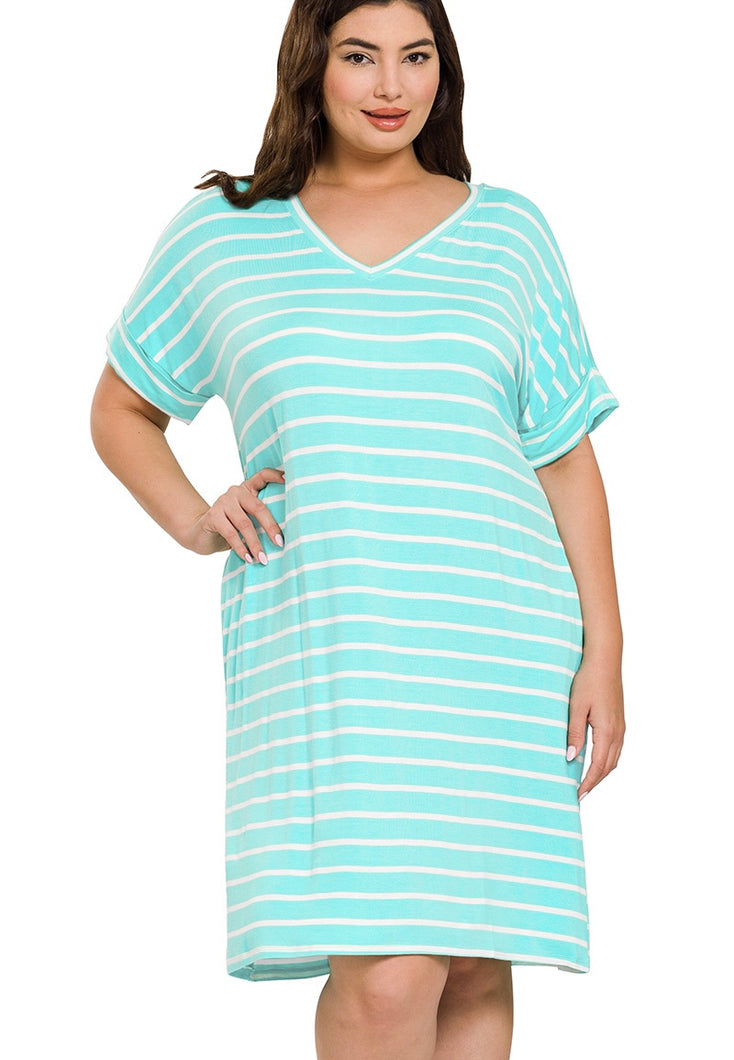 Picnic Vibes Stripe T-shirt Dress in Mint {Curvy}
