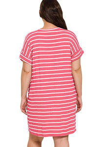 Picnic Vibes Stripe T-shirt Dress in Rose {Curvy}